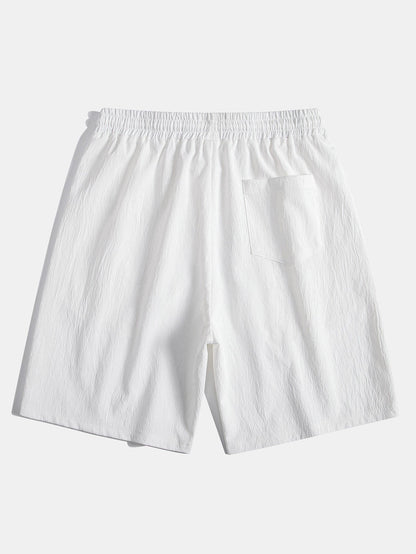 Geometric Striped Jacquard Button Up Shirt & Crinkled Textured Drawstring Shorts