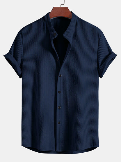 Muscle Fit Ribbed Stand Collar Shirt & Elastic Waist Straight Leg Trousers