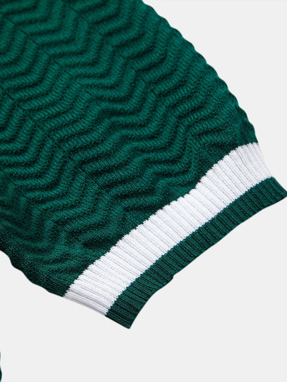 Texture Contrast Knitted V Neck Polo Shirt & Straight Leg Ribbed Pants