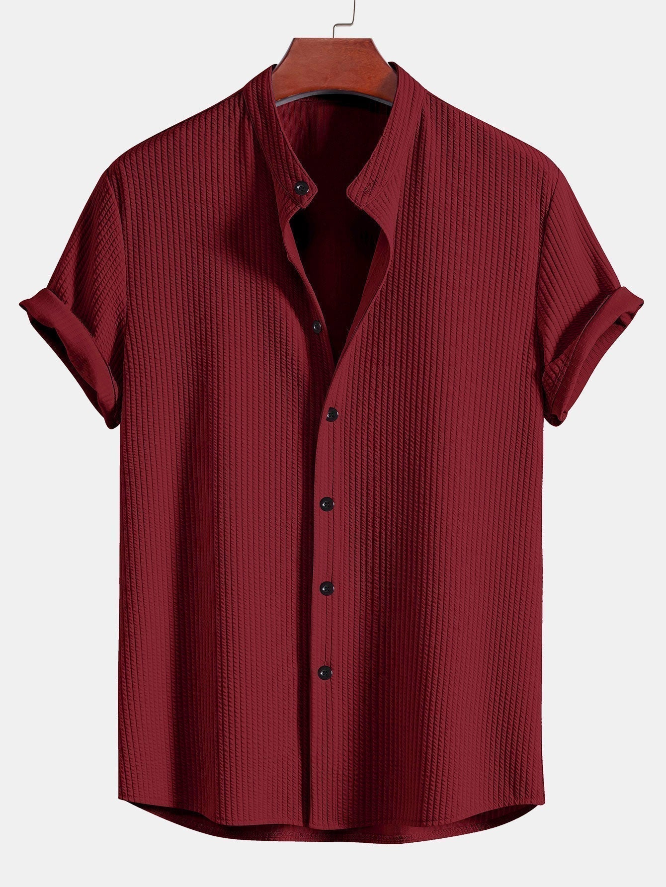 Muscle Fit Ribbed Stand Collar Shirt & Elastic Waist Straight Leg Trousers