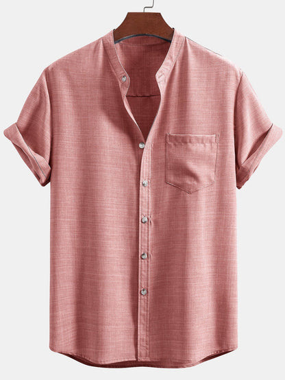 Short Sleeve Stand Collar Shirt & Straight Leg Linen Pants