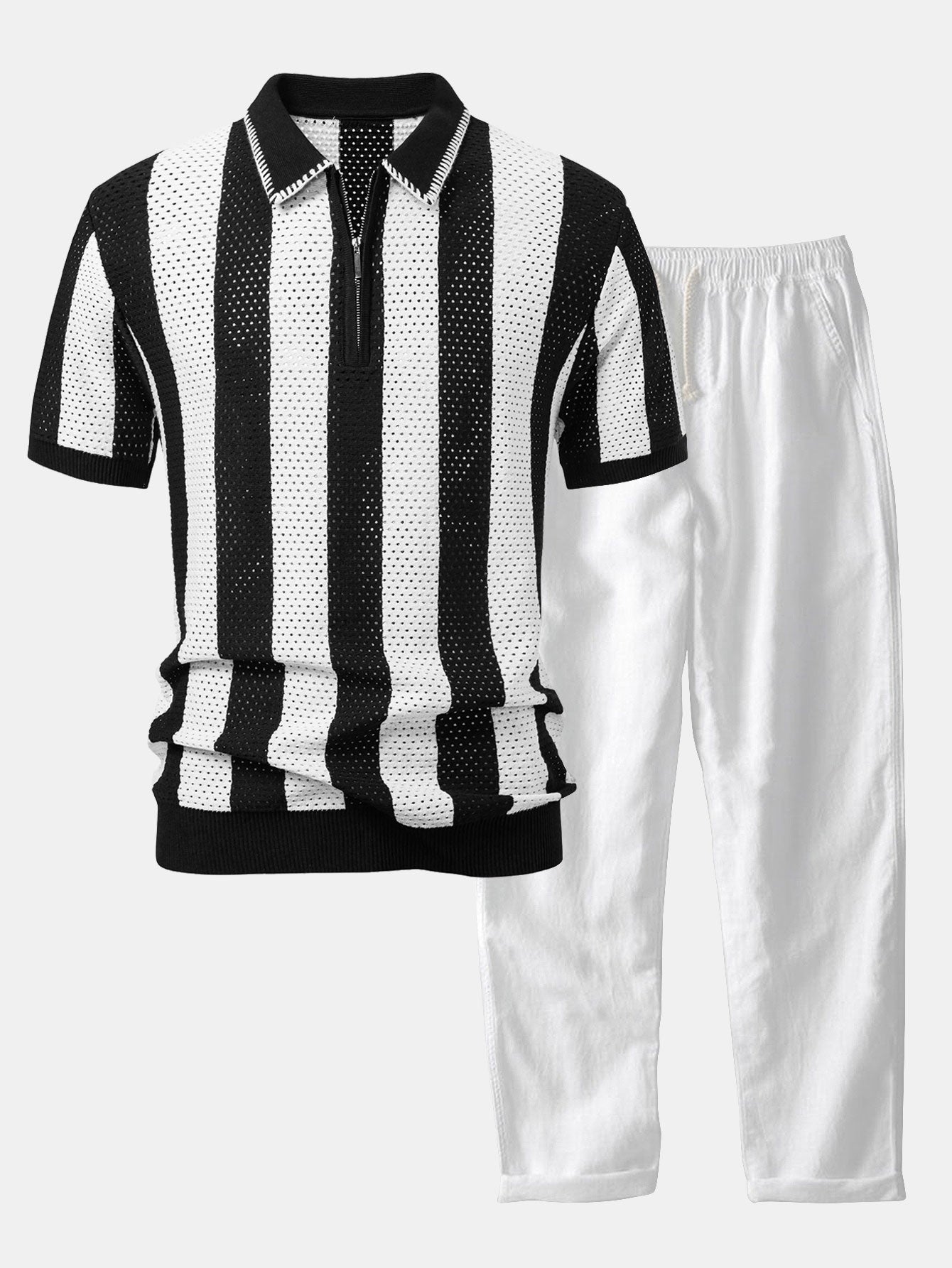 Striped Eyelet Knit Zip Up Polo Shirt & Straight Leg Linen Pants