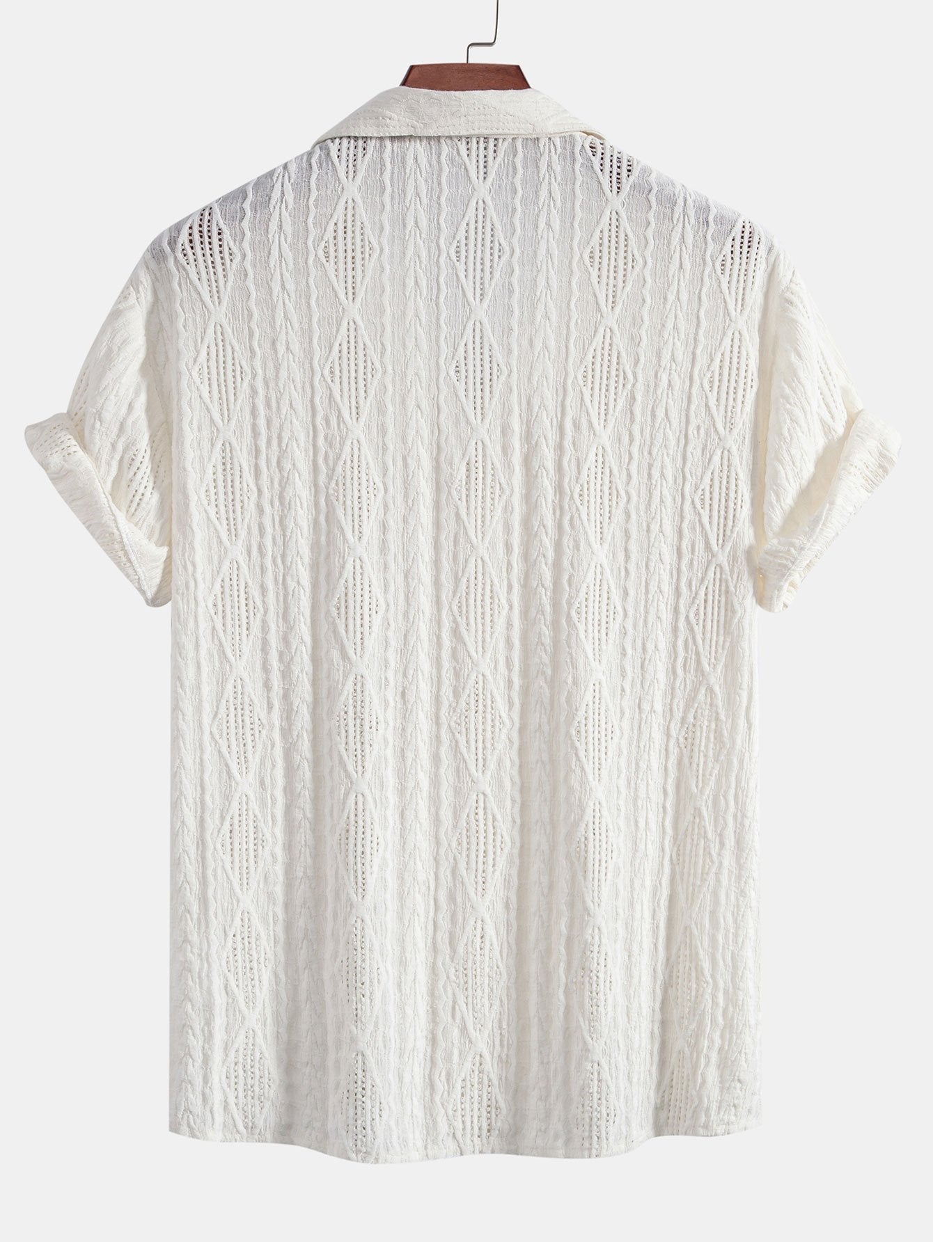Geometric Jacquard Eyelet Cuban Shirt & Crinkle Textured Straight Leg Pants